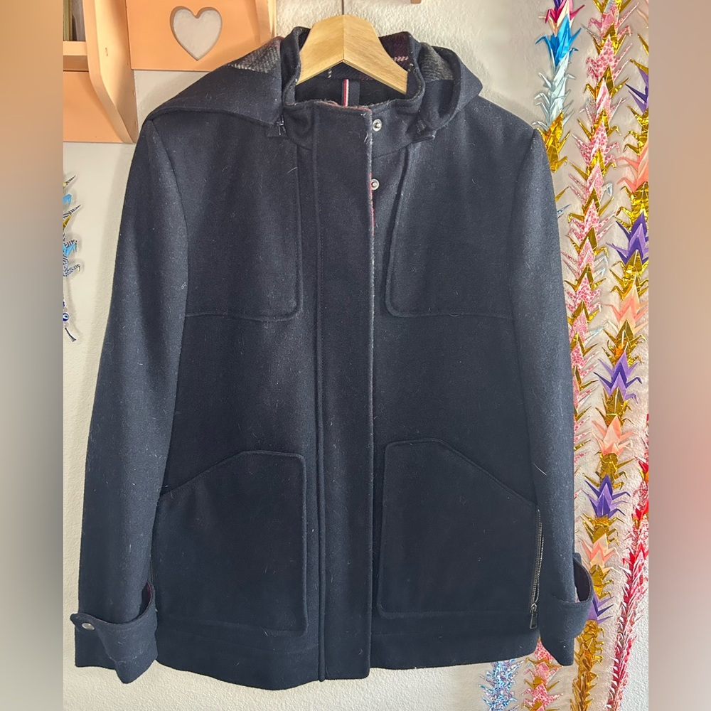 Tommy Hilfiger Deep Navy Blue Wool Blend Pea Coat with Hood